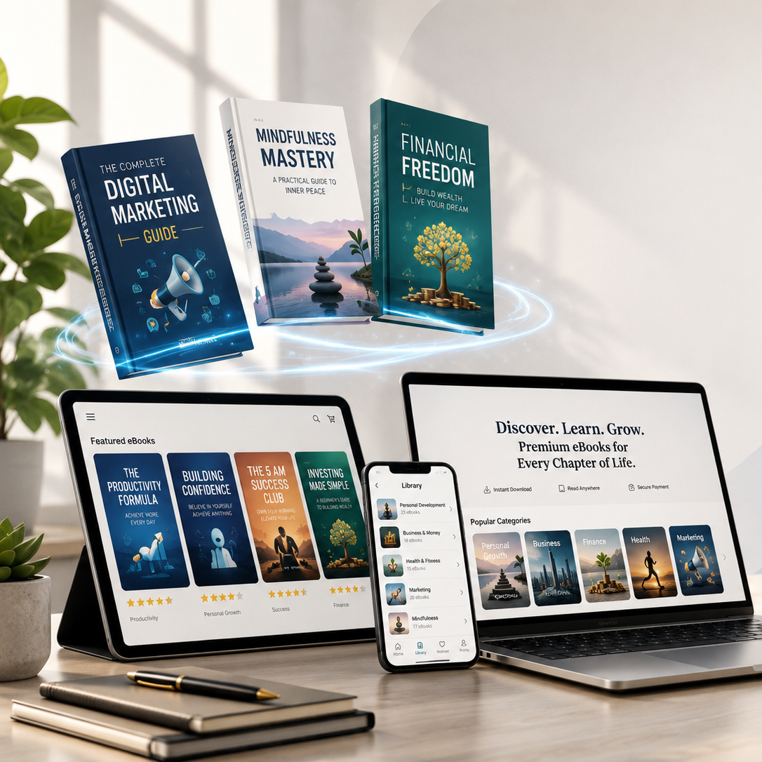 Three digital books displayed upright above a laptop, tablet, and smartphone on a desk, with a coffee cup, pens, and a plant in a styled interior setting.